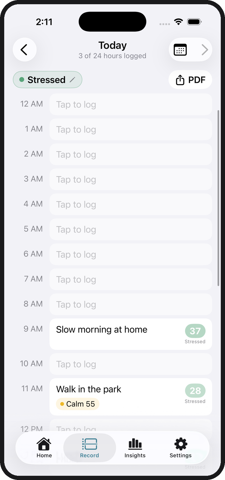The record screen listing each hour with an activity and a rating